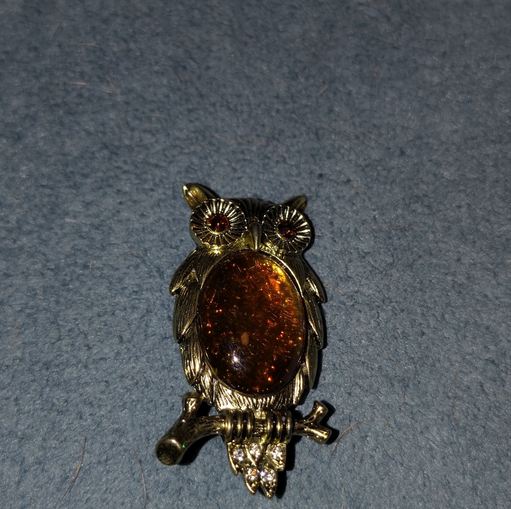 Napier Gold and Amber Owl Brooch with Crystal Accents